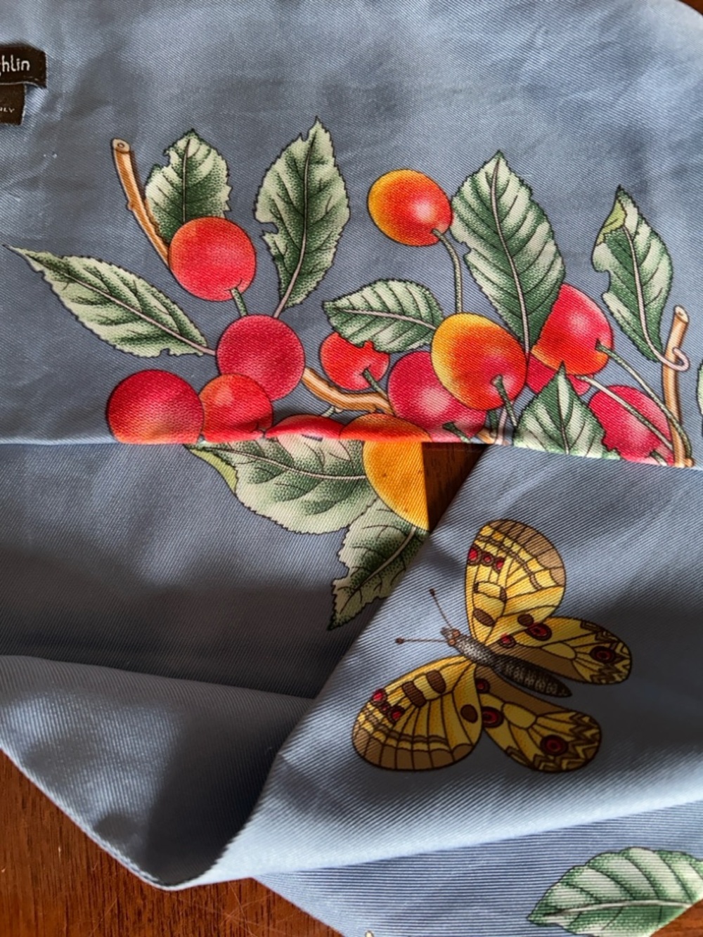 Blue Fruit & Butterfly Silk Scarf 5” x 60” by J McLaughlin - Picture 6 of 9